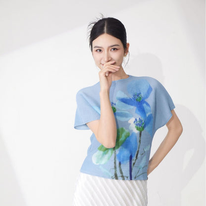 Women's summer clothes design sense niche T-shirt unique chic printing versatile pleated loose short-sleeved top tide