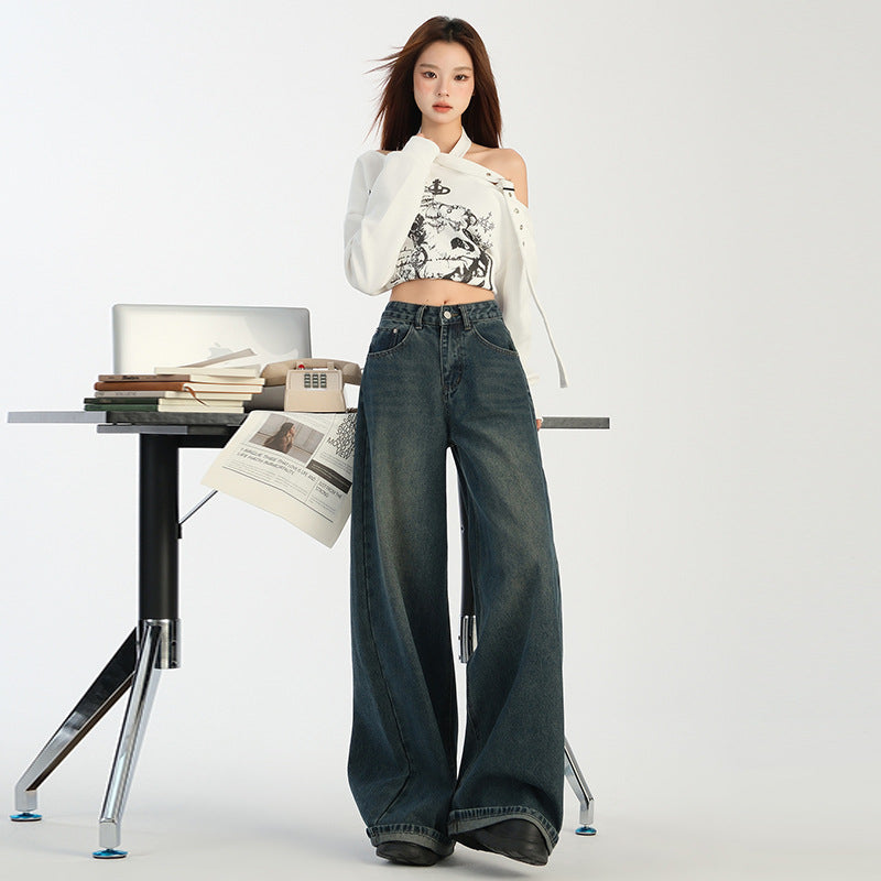 2025 n retro wide-leg curled jeans women's new high-waisted loose-flared pants in autumn and winter popular