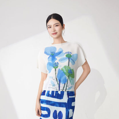 Women's summer clothes design sense niche T-shirt unique chic printing versatile pleated loose short-sleeved top tide