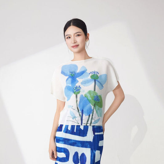 Women's summer clothes design sense niche T-shirt unique chic printing versatile pleated loose short-sleeved top tide