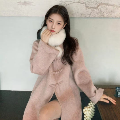 Premium celebrity temperament pink new Chinese coat  autumn and winter new Chinese woolen coat LY028