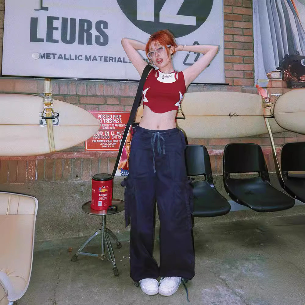 qgtao y2k Y2g American Retro Top Star Pattern Print Fake Two-Piece Vest Slim Fit Short T-shirt Female Ins