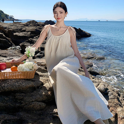 2025 Super good-looking casual vacation suspender dress women's summer  temperament texture dark pattern loose backless long skirt