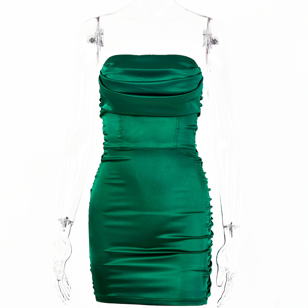 2025  New women's clothing  spring and autumn new sexy backless pleated chest-wrapped high elastic satin hip-wrapped dress dress