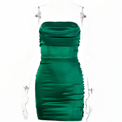 2025  New women's clothing  spring and autumn new sexy backless pleated chest-wrapped high elastic satin hip-wrapped dress dress