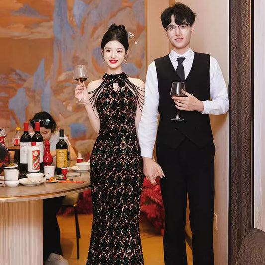 2025Evening dress women's  new black sequins light luxury niche temperament host annual meeting banquet fishtail dress skirt