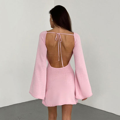 2025 new sexy backless dress for women, New horn sleeves loose beach vacation dress for women