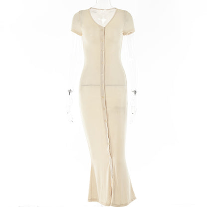 2025  women's clothing new nightclub women's clothing short-sleeved celebrity evening dress long V-neck solid color cardigan dress
