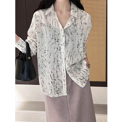 2025 Korean  temperament retro ink printing shirt women's 2025 spring loose and thin top 3009