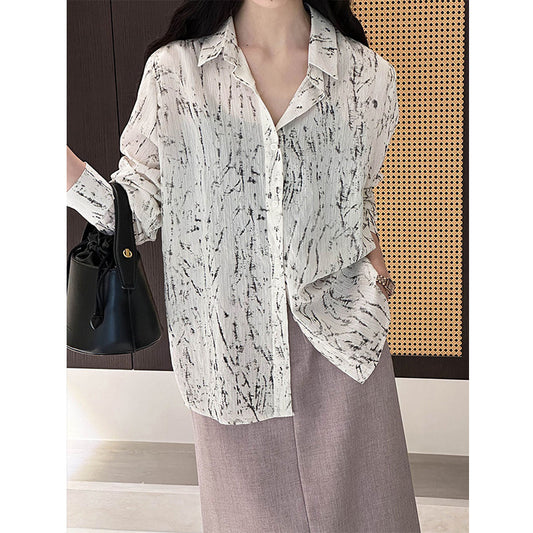2025 Korean  temperament retro ink printing shirt women's 2025 spring loose and thin top 3009