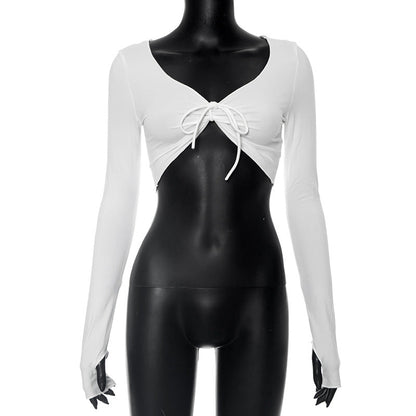 qgtao 2000s fashion  Women's Autumn New Solid Color V-neck Twisted Lace-up Finger-up Long Sleeve Navel Top T-shirt for Women