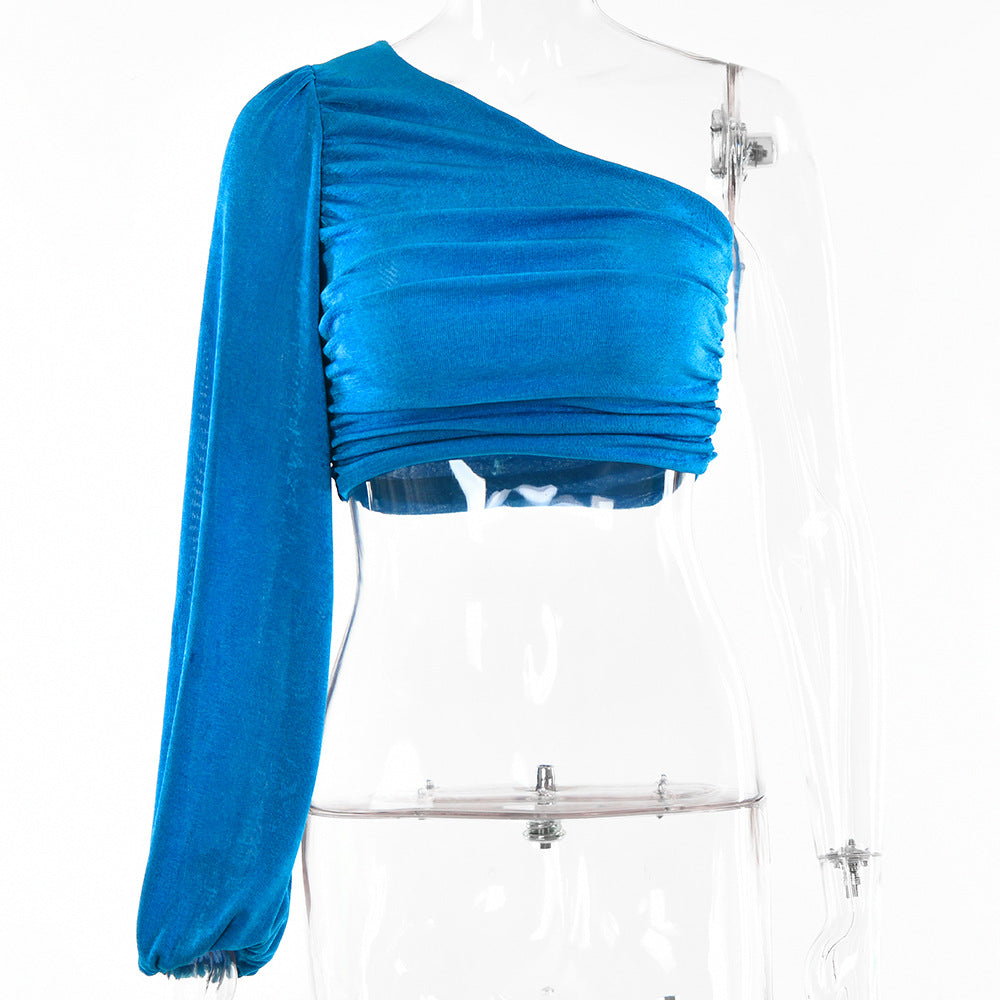 2025  ins fashionable and sexy women's tops  summer new slanted shoulder long-sleeved solid color pleated slim-fit small vest