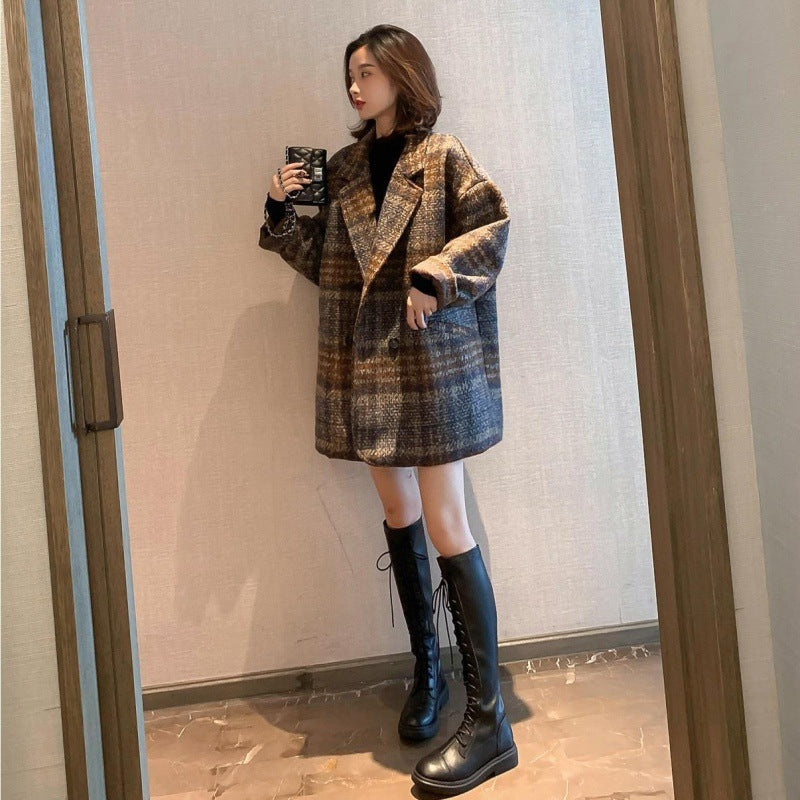 qgtao  Plaid Mid-Length Thickened Women's Autumn and Winter New Chanel Style High-Grade Loose Woolen Coat Suit Jacket for Women