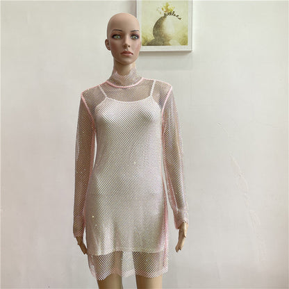 qgtao avant garde dress to impress Sexy Turtleneck Hot Drilling AB Color Diamond Shiny Perspective Grid Dress New Party Dress