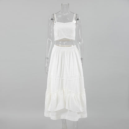 2025 spring and summer sexy design sense white cotton and linen suspender square neck short top middle waist split skirt two-piece set