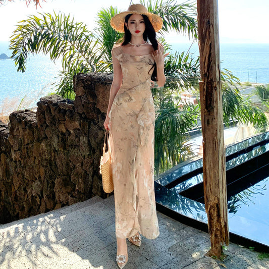 2025 gentle wind ruffle leaf edge floral suspender dress women's summer waist seaside vacation fishtail hip wrap dress