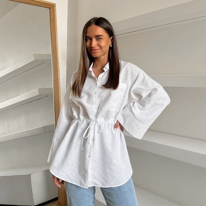 2025 Popularan, n spring and summer fashion simple design sense white cotton and linen loose lapel tie niche versatile women's shirt