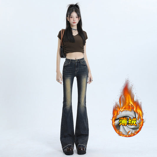 2025 Thin velvet slightly pulled jeans women's autumn and winter popular new retro horseshoe n slim-fitting high-waisted floor-mopping flared pants