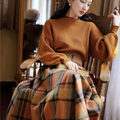 qgtao skater boy outfits Half Turtleneck Brown Lantern Long Sleeve Sweater + Plaid Woolen Skirt Suit Retro Two-Piece Set