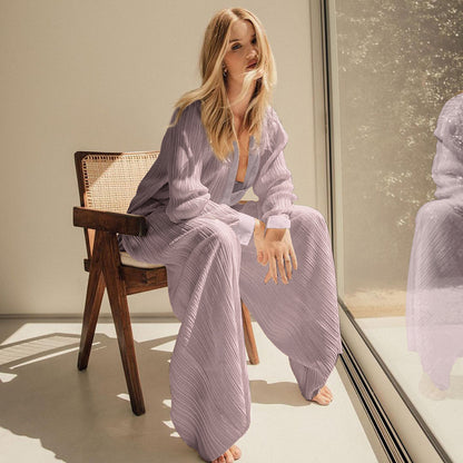 2025 popular autumn and winter new long-sleeved lapel pleated shirt women's wide-leg mopping floor drape pleated trousers set solid color