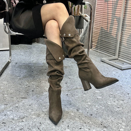 2025  Pointed high-heeled boots women's boots popular winter new two wear thick heel knee boots show thin temperament thin boots