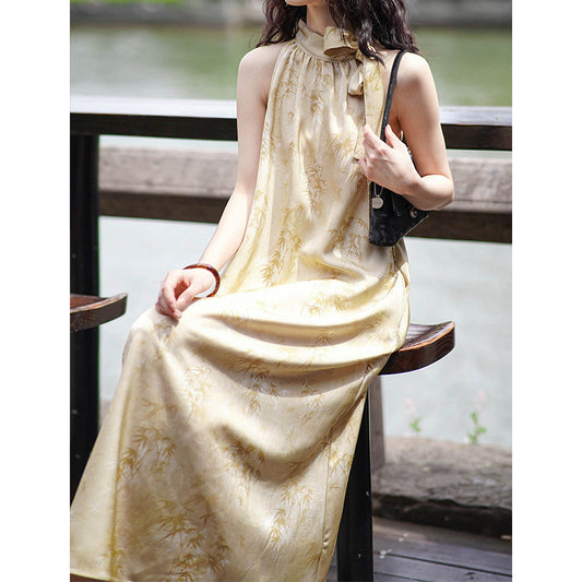 2025 popular Spring and Summer [Jiangnan Misty Rain] Neck Dress Women's New Retro National Style Suspender Dress 1597