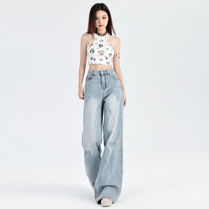 2025 Ripped Lazy Wind Jeans Women's Spring and Autumn popular New Skinny High Waist Small Straight Mopping Wide Leg Pants