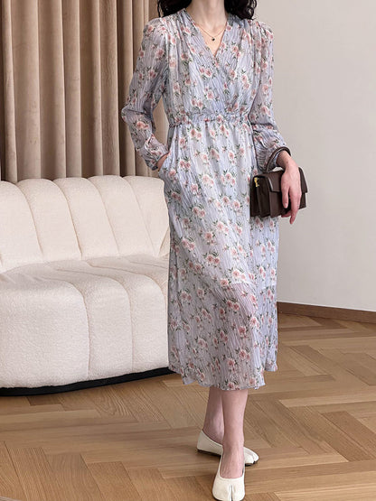2025 2025 spring new Korean loose V-neck drawstring waist design long floral dress 2303