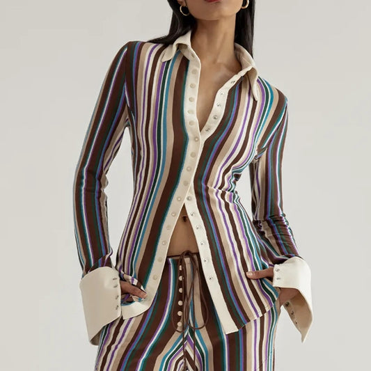 2025  New new single-breasted lapel top  autumn hot-selling fashion casual color matching women's shirt