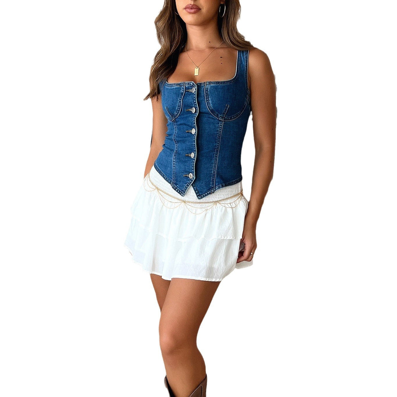 qgtao cowgirl outfits Women's New Dark Denim Small Vest Breasted Shoulder Strap Solid Color Sling Top Vest Hot Selling