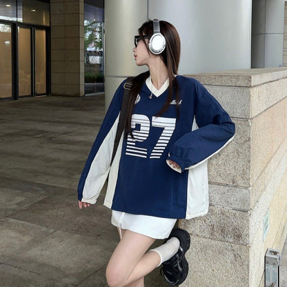 qgtao  clothing styles Street V-neck American Sports Contrast Color Sweater Spring and Autumn Women's Gray Stitching Letter Printed Elastic Top