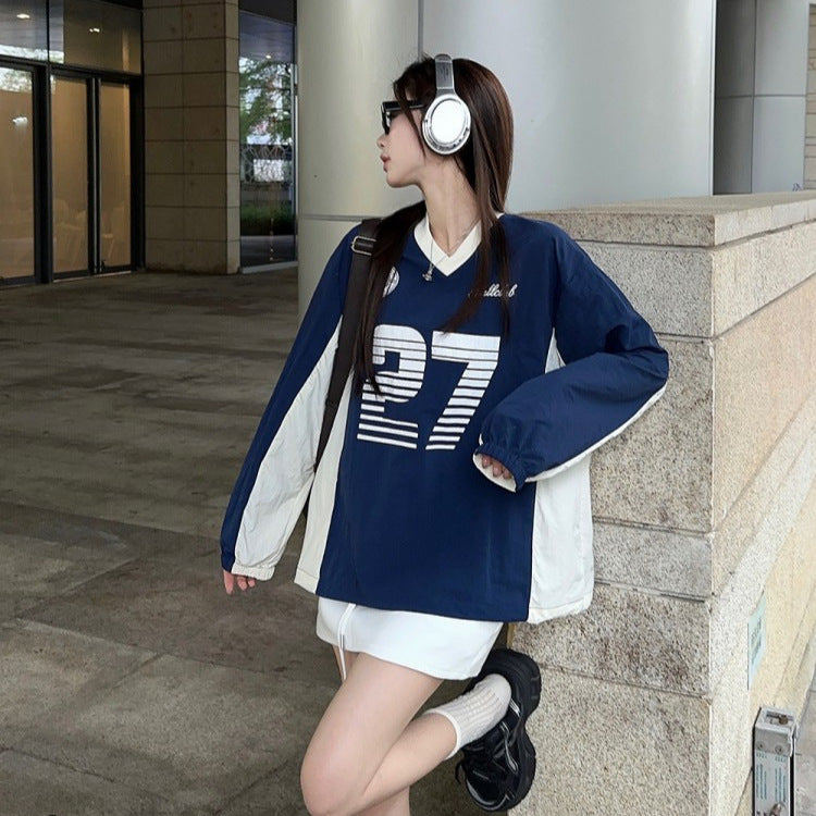 qgtao  clothing styles Street V-neck American Sports Contrast Color Sweater Spring and Autumn Women's Gray Stitching Letter Printed Elastic Top