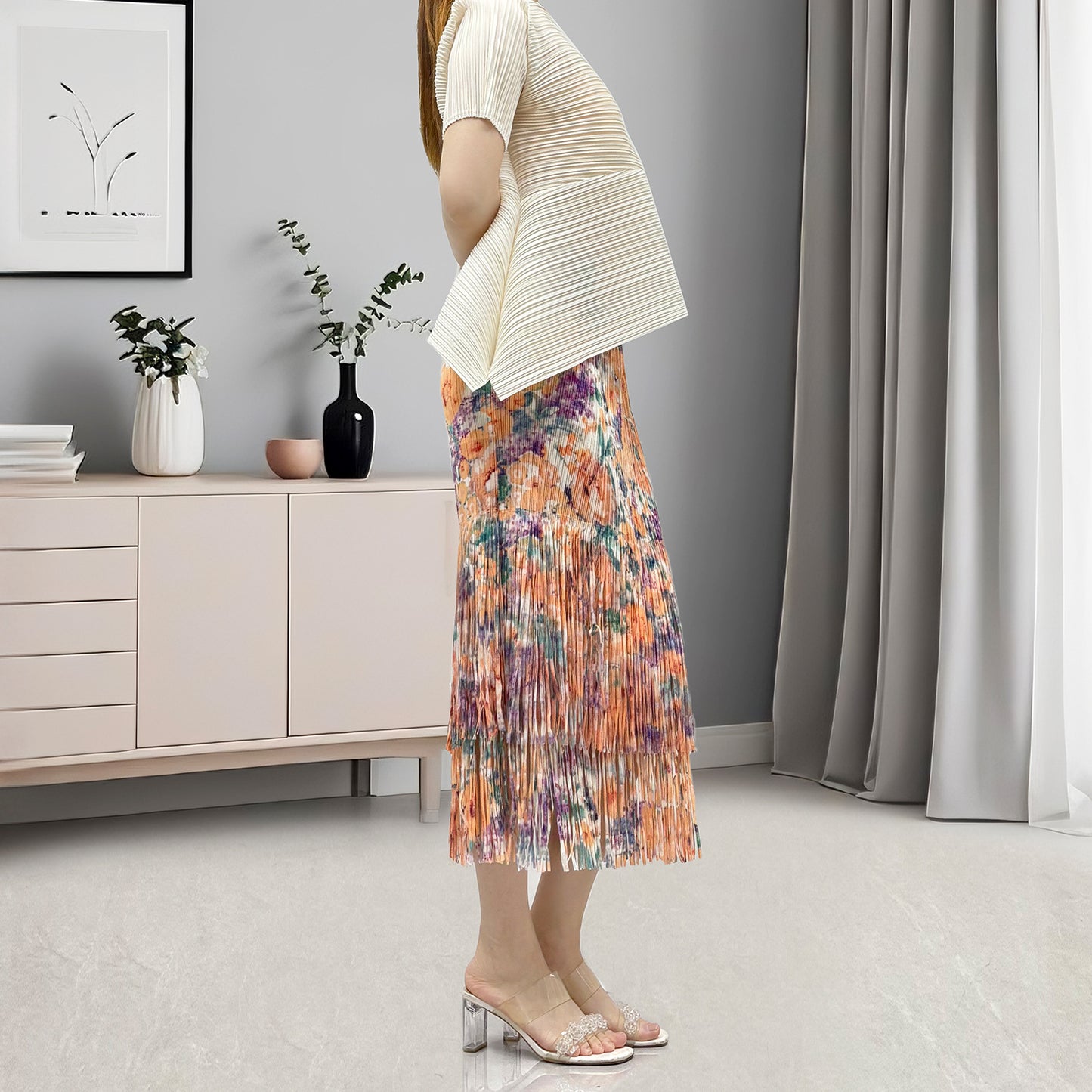 hot-selling suit women's two-piece set summer temperament commuter short-sleeved T-shirt printed fringed hip skirt