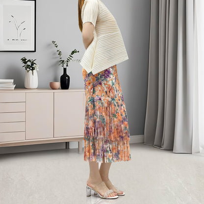 hot-selling suit women's two-piece set summer temperament commuter short-sleeved T-shirt printed fringed hip skirt