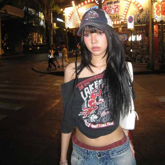 qgtao y2k outfits Style 2024 Summer Women's Clothing New Street Fashion Hot Girl off-the-Shoulder Hollow Printed All-Match Navel Top for Women