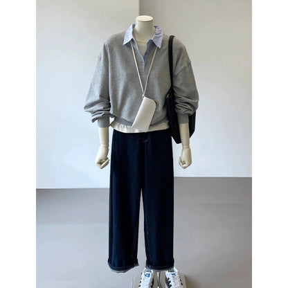 2025 spring clothing new college style contrasting color shirt neckline loose pullover sweater women