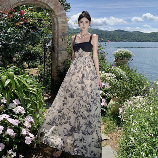 2025 New Chinese style suspender dress women's  retro ink floral splicing seaside vacation long dress beach dress