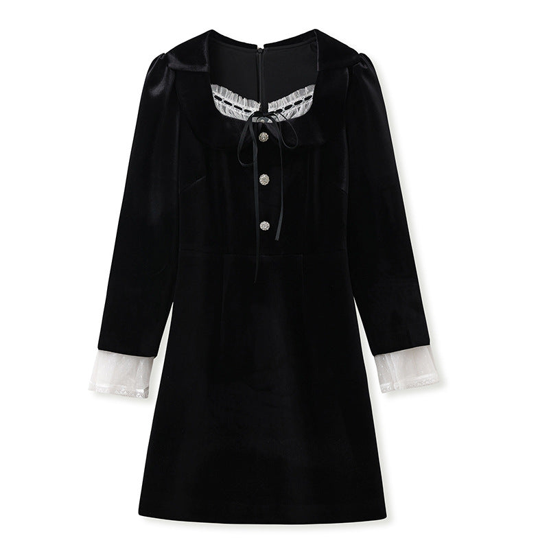 Premium super good-looking velvet dress autumn  new cuff splicing lace medium and long skirt M9170