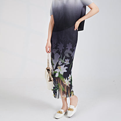 recommends a fringed skirt for women's summer new elastic waist printed commuter versatile pleated hip skirt