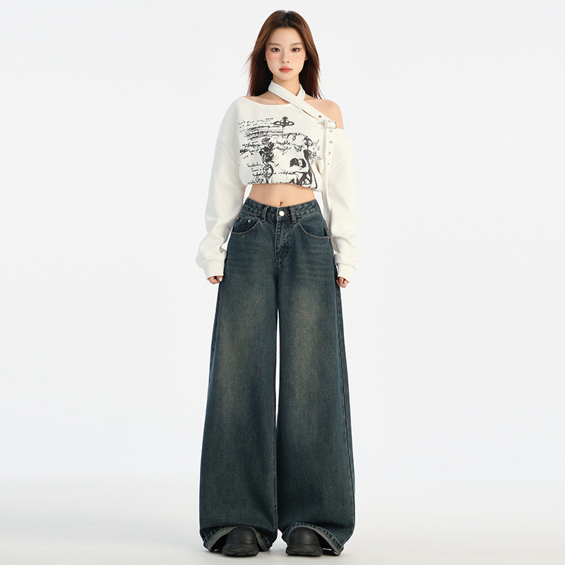 2025 n retro wide-leg curled jeans women's new high-waisted loose-flared pants in autumn and winter popular