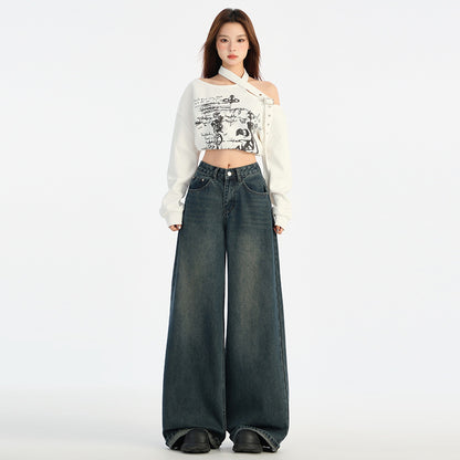 2025 n retro wide-leg curled jeans women's new high-waisted loose-flared pants in autumn and winter popular