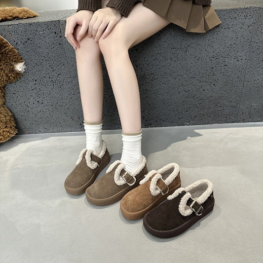 2025 Leather Birkenstocks women's autumn and winter velvet Mori retro one-pedal lamb wool shoes women wear flat cotton shoes in winter