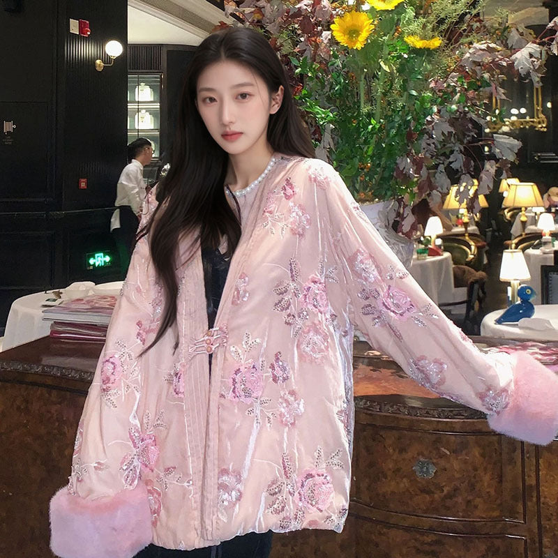 new autumn and winter new Chinese style embroidery printing noble temperament loose cotton jacket women MX079