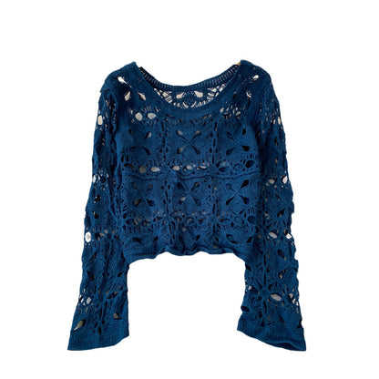 qgtao outfit inspo Long Sleeve Round Neck Hollow-out Crocheted Sweet Sweater Korean Style round Neck Fashion Casual Seaside Vacation Long Sleeve Top for Women