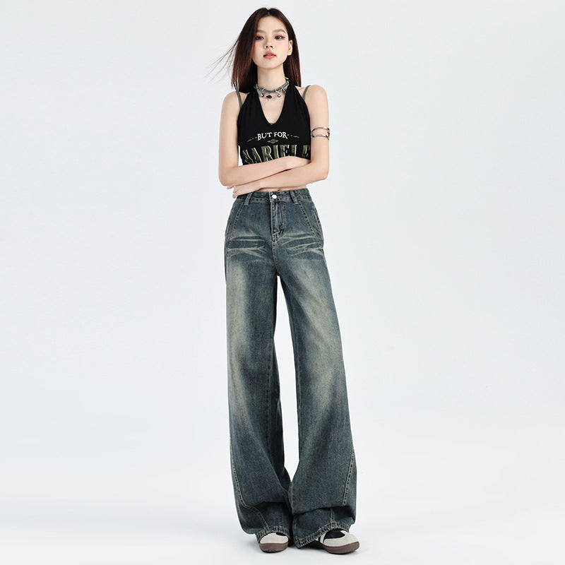 2025 Nostalgic straight jeans women's spring and autumn popular new high waist retro loose spice girl small wide-leg pants