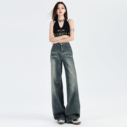 2025 Nostalgic straight jeans women's spring and autumn popular new high waist retro loose spice girl small wide-leg pants