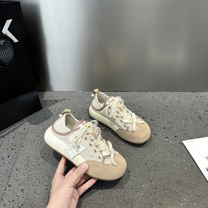 2025 Little white shoes women's popular new summer leather breathable mesh muffin casual shoes show small platform shoes