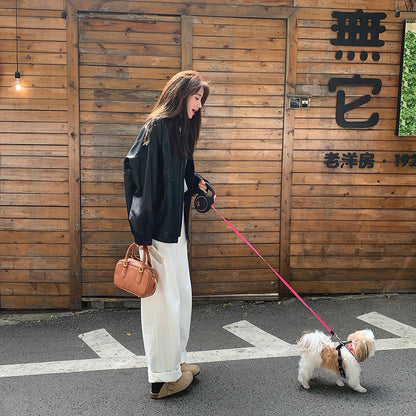 qgtao 2000s fashion Black PU Leather Coat for Women Spring and Autumn 2024 New Korean Hong Kong Style Chic Retro Fried Street High-Grade