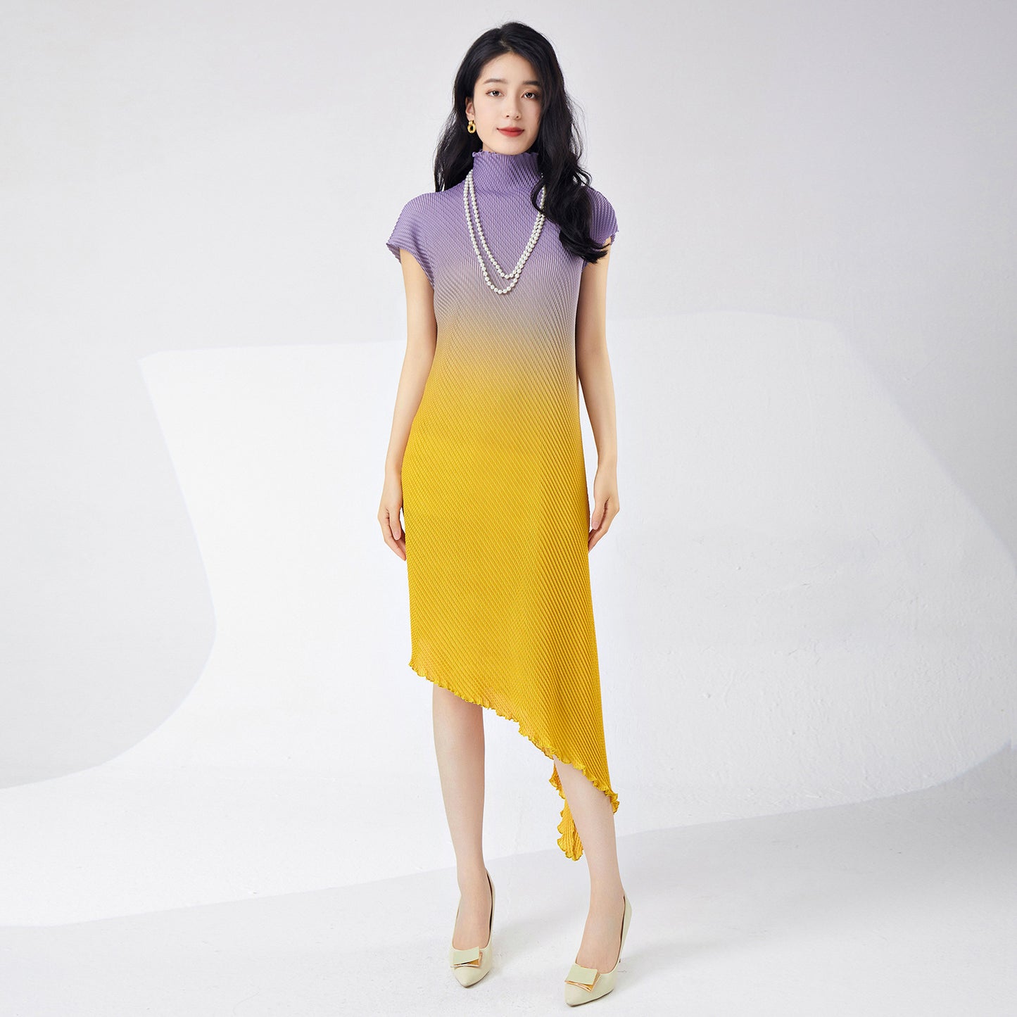 Fashion gradual change dress women's new fish scale pleats temperament elegant irregular versatile medium and long skirt Popular style