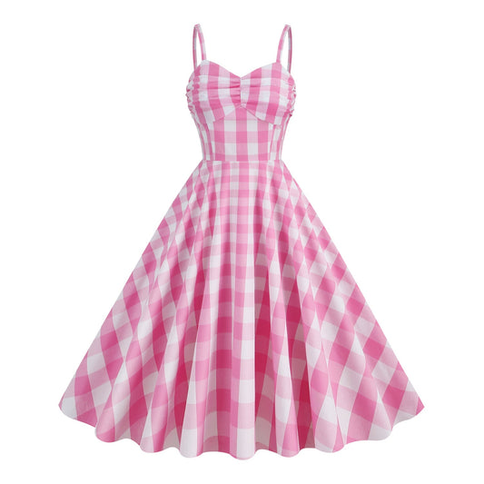 qgtao cybergoth dress to impress  Hepburn Style Retro Fresh Holiday Barbie Pink Plaid Striped Sling High Waist Mid-Length Dress Cotton